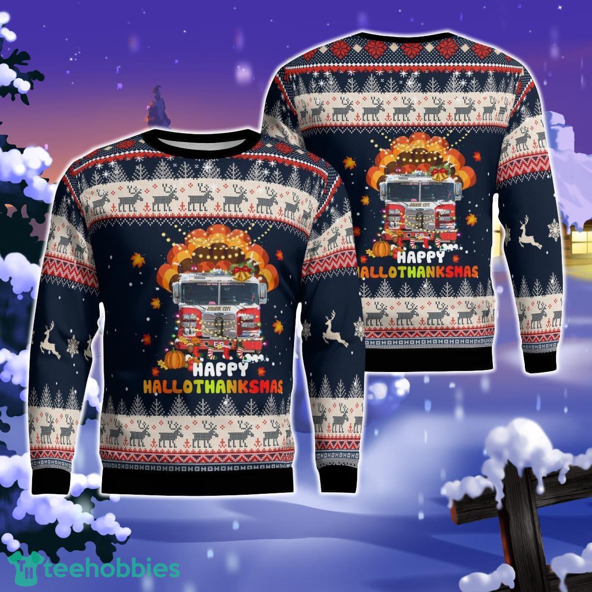 Jersey City Fire Department Happy Hallothanksmas Christmas AOP Ugly Sweater Gift For Christmas Product Photo 1