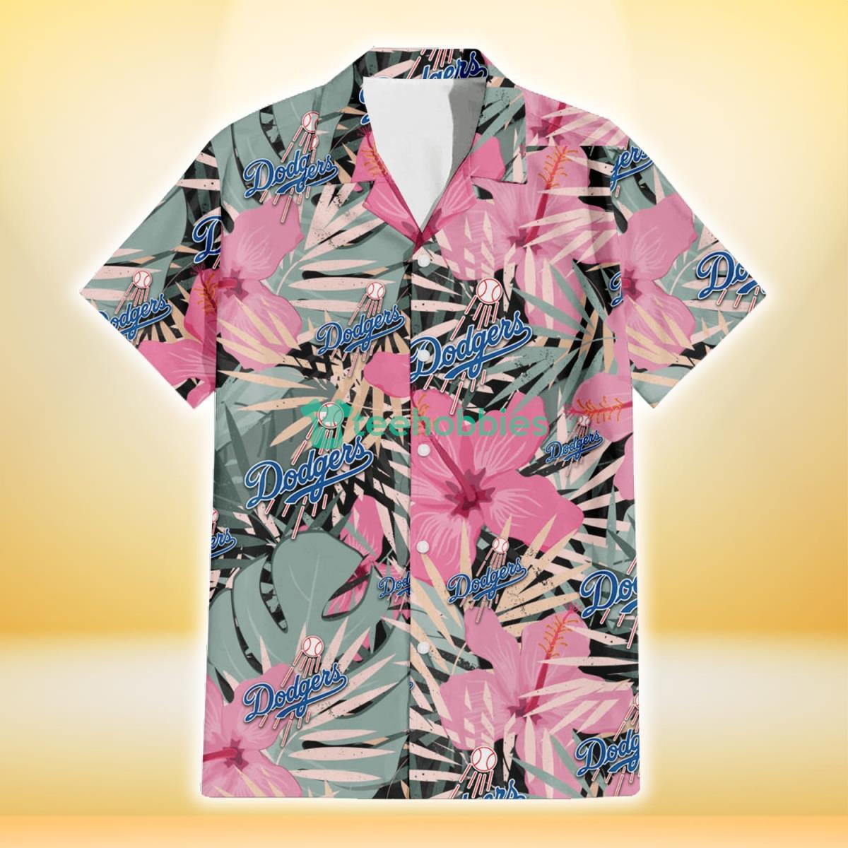 Los Angeles Dodgers Light Pink Hibiscus Pale Green Leaf Black Background 3D  Hawaiian Shirt Gift For Fans Gift For Fans