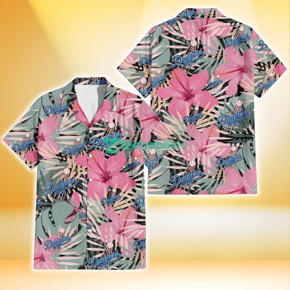 Los Angeles Dodgers Light Pink Hibiscus Pale Green Leaf Black Background 3D  Hawaiian Shirt Gift For Fans Gift For Fans