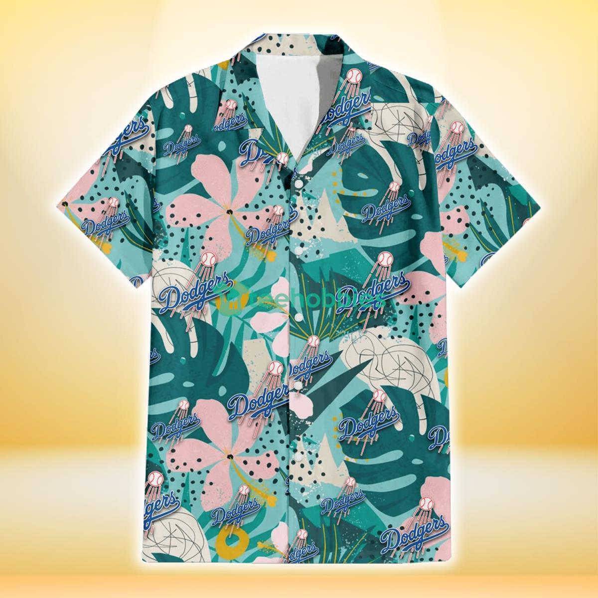 Los Angeles Dodgers Pastel Hibiscus Palm Leaf Tiny Dot Green Background 3D  Hawaiian Shirt Gift For Fans Gift For Fans