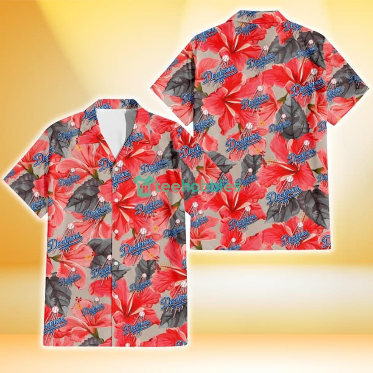 Los Angeles Dodgers White Tropical Leaf Red Hibiscus Navy Background 3D  Hawaiian Shirt Gift For Fans Gift For Fans