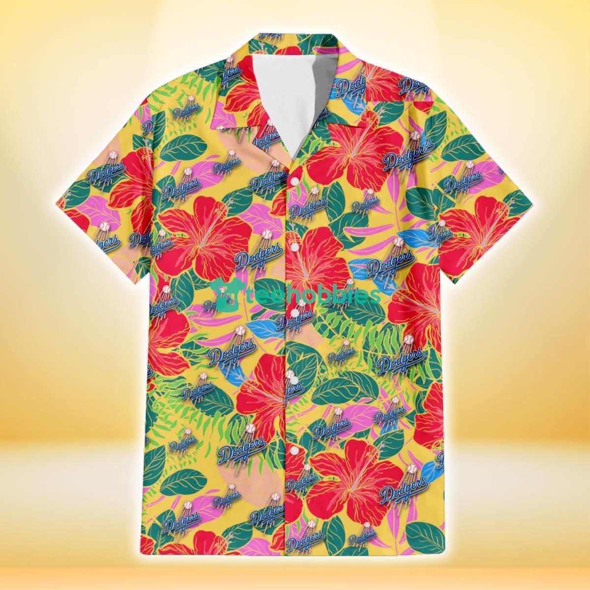 Los Angeles Dodgers Pink Yellow White Hibiscus Turquoise Background 3D  Hawaiian Shirt Gift For Fans Gift For Fans