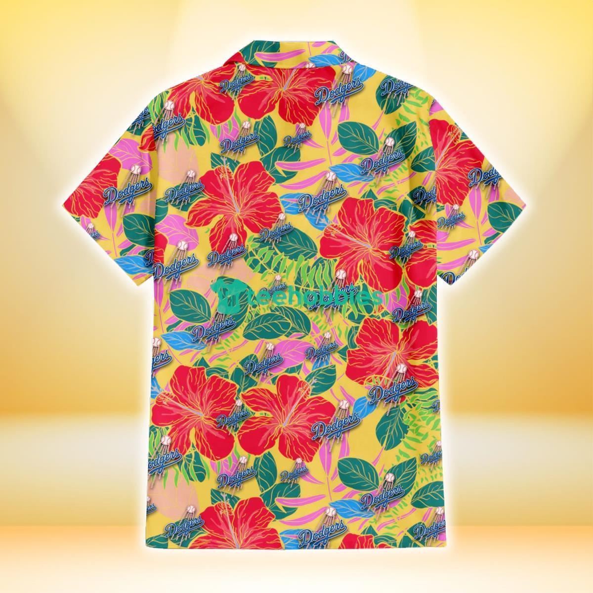 Los Angeles Dodgers Red Hibiscus Green Blue Leaf Yellow Background 3D  Hawaiian Shirt Gift For Fans Gift For Fans