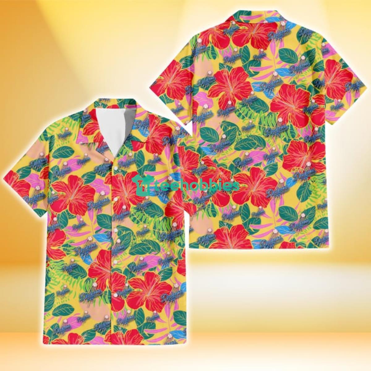 Los Angeles Dodgers Pink Yellow White Hibiscus Turquoise Background 3D  Hawaiian Shirt Gift For Fans Gift For Fans