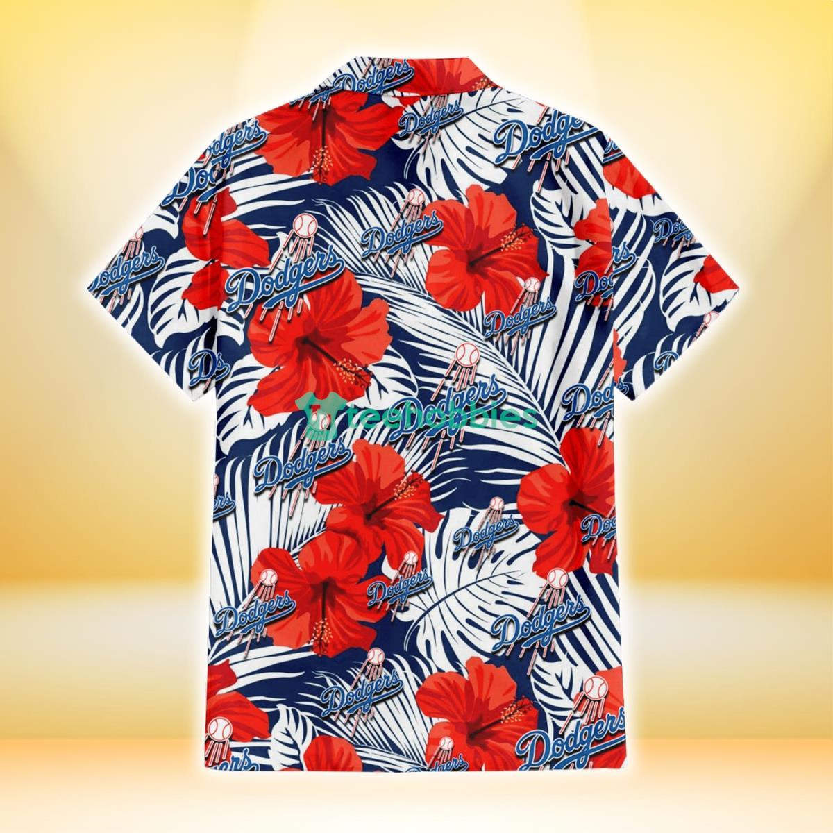 Los Angeles Dodgers White Tropical Leaf Red Hibiscus Navy Background 3D  Hawaiian Shirt Gift For Fans Gift For Fans
