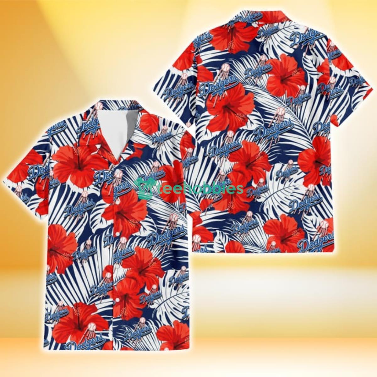 Los Angeles Dodgers White Tropical Leaf Red Hibiscus Navy Background 3D  Hawaiian Shirt Gift For Fans Gift For Fans