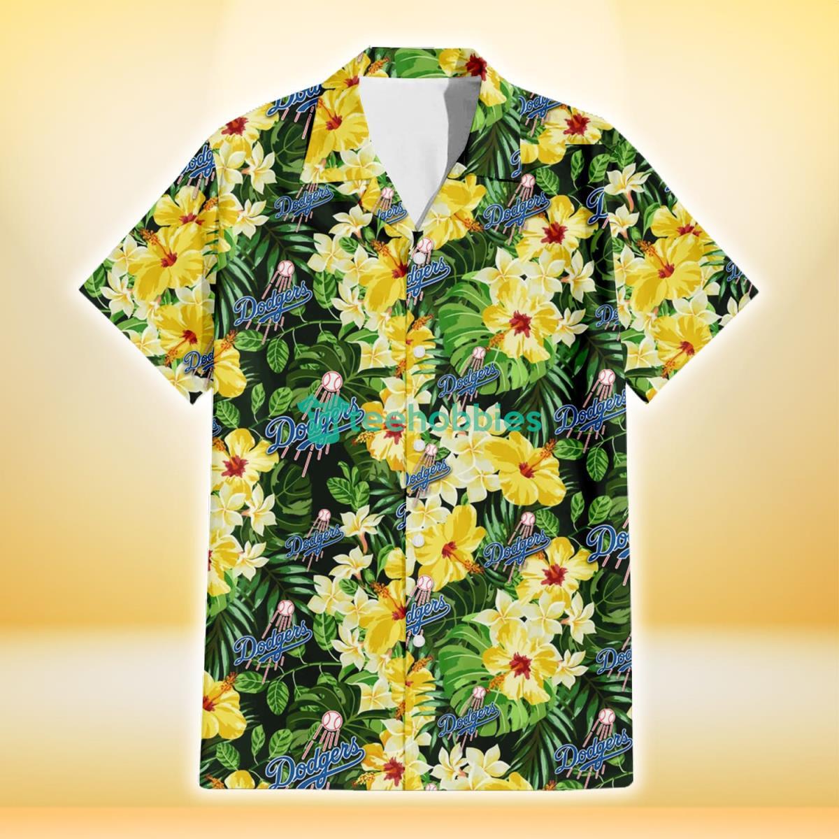 Los Angeles Dodgers Yellow Hibiscus Tropical Green Leaf Black Background 3D Hawaiian Shirt Gift For Fans Gift For Fans Product Photo 2