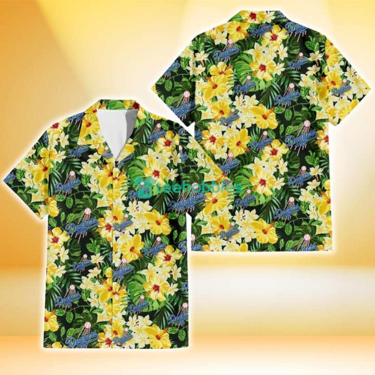 Los Angeles Dodgers Yellow Hibiscus Tropical Green Leaf Black Background 3D Hawaiian Shirt Gift For Fans Gift For Fans Product Photo 1