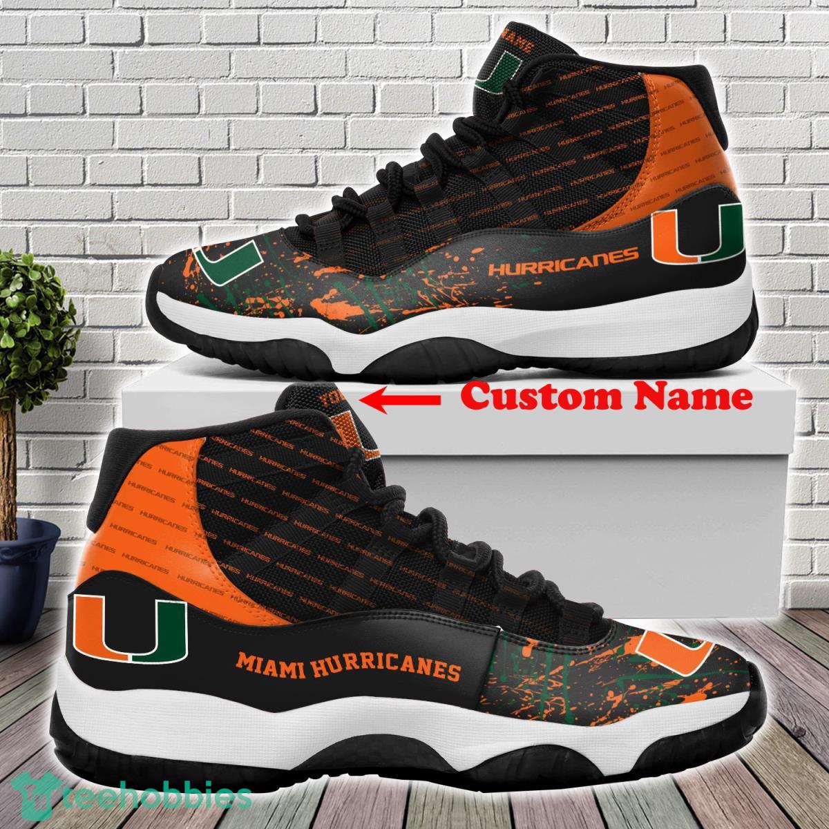 Miami Hurricanes Football Team Air Jordan 11 Custom Name Sneakers For Fans Product Photo 1