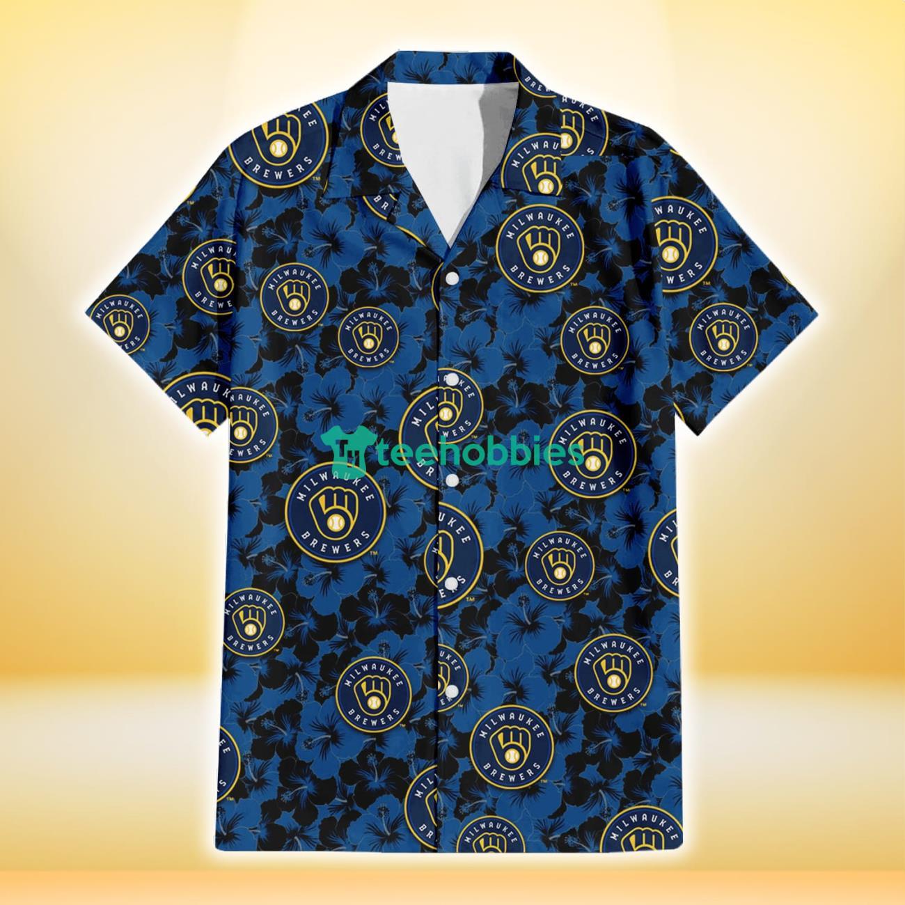 Milwaukee Brewers Black Dark Blue Hibiscus Black Background 3D Hawaiian Shirt Gift For Fans Product Photo 2