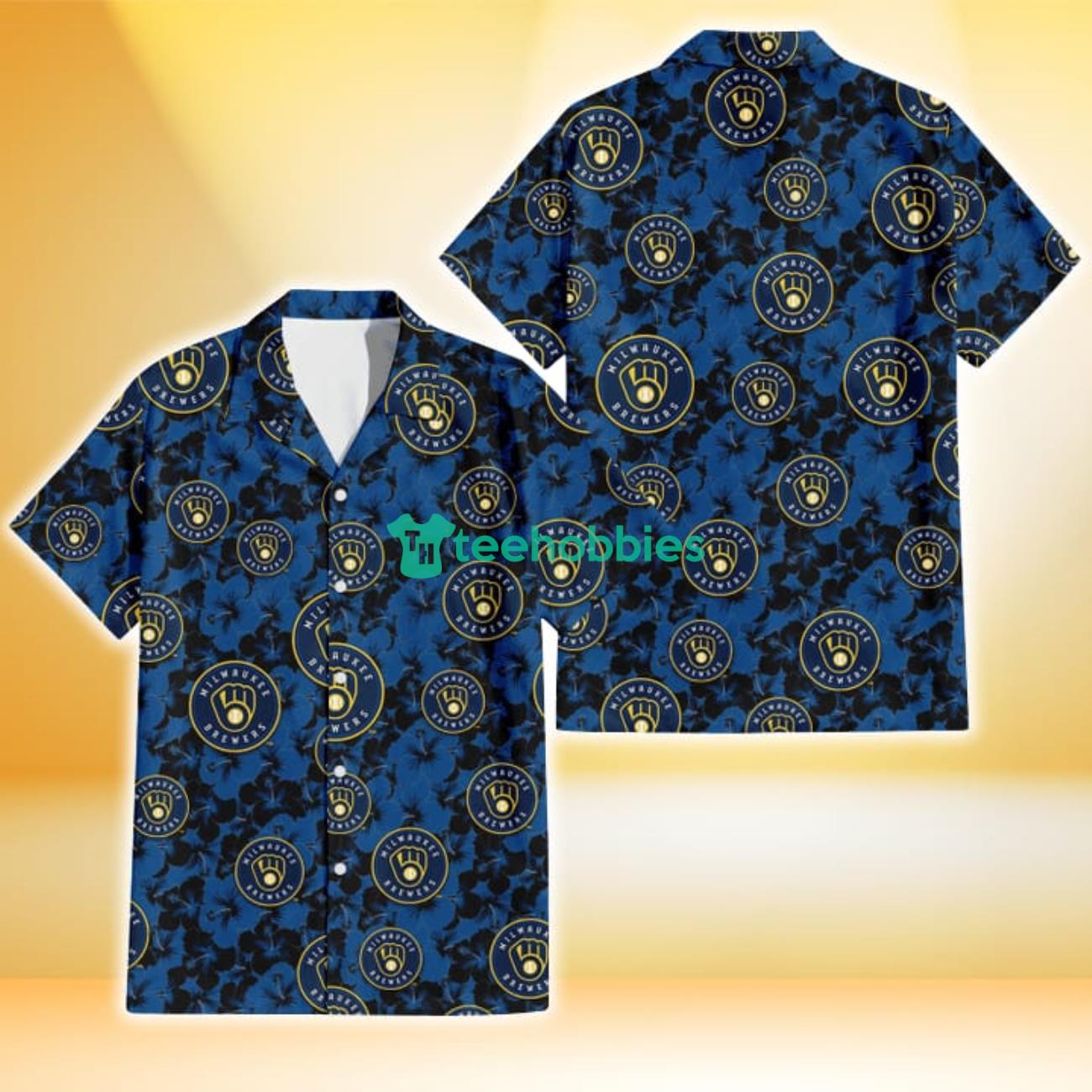 Milwaukee Brewers Black Dark Blue Hibiscus Black Background 3D Hawaiian Shirt Gift For Fans Product Photo 1
