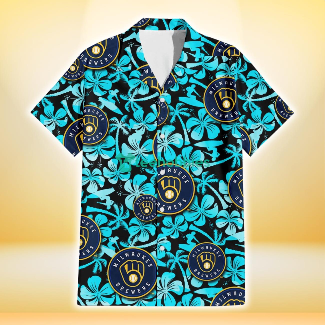 Milwaukee Brewers Blue Hibiscus Blue Coconut Tree Black Background 3D Hawaiian Shirt Gift For Fans Product Photo 2
