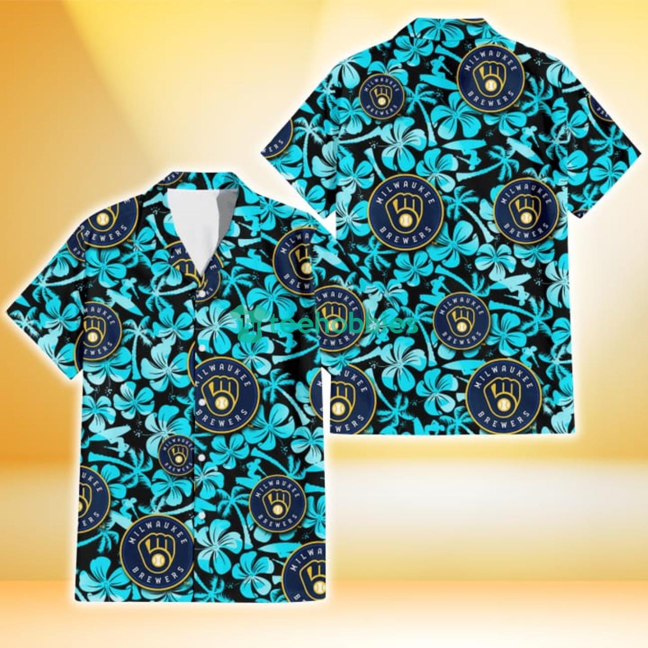 Milwaukee Brewers Blue Hibiscus Blue Coconut Tree Black Background 3D Hawaiian Shirt Gift For Fans Product Photo 1