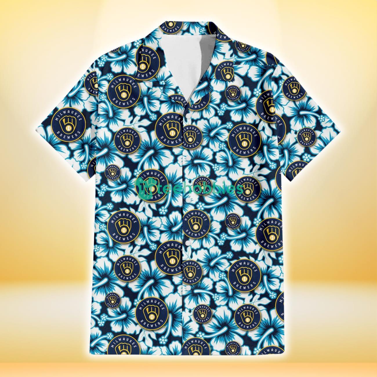 Milwaukee Brewers Blue Line White Hibiscus Black Background 3D Hawaiian Shirt Gift For Fans Product Photo 2
