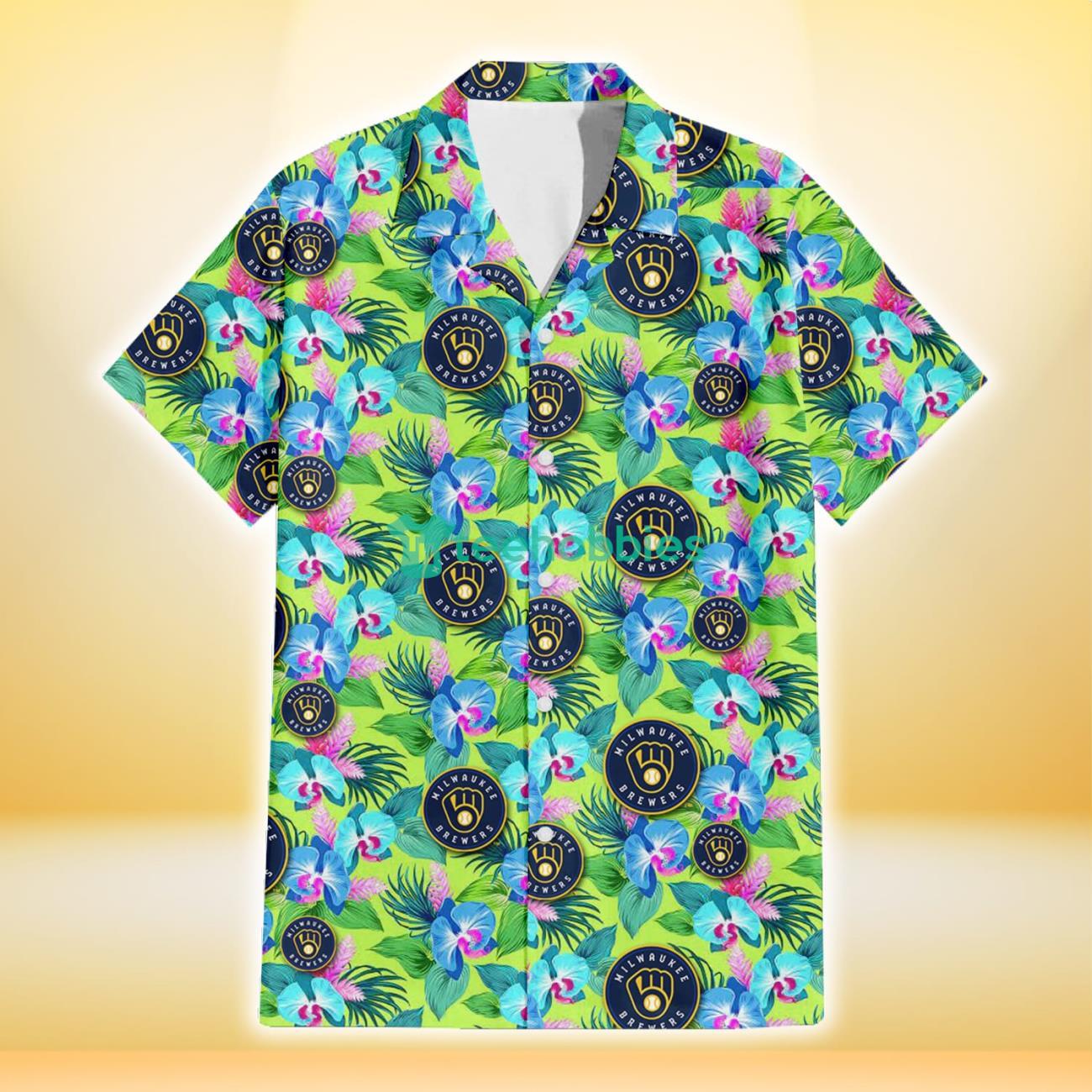 Milwaukee Brewers Blue Orchid Green Pink Leaf Green Background 3D Hawaiian Shirt Gift For Fans Product Photo 2