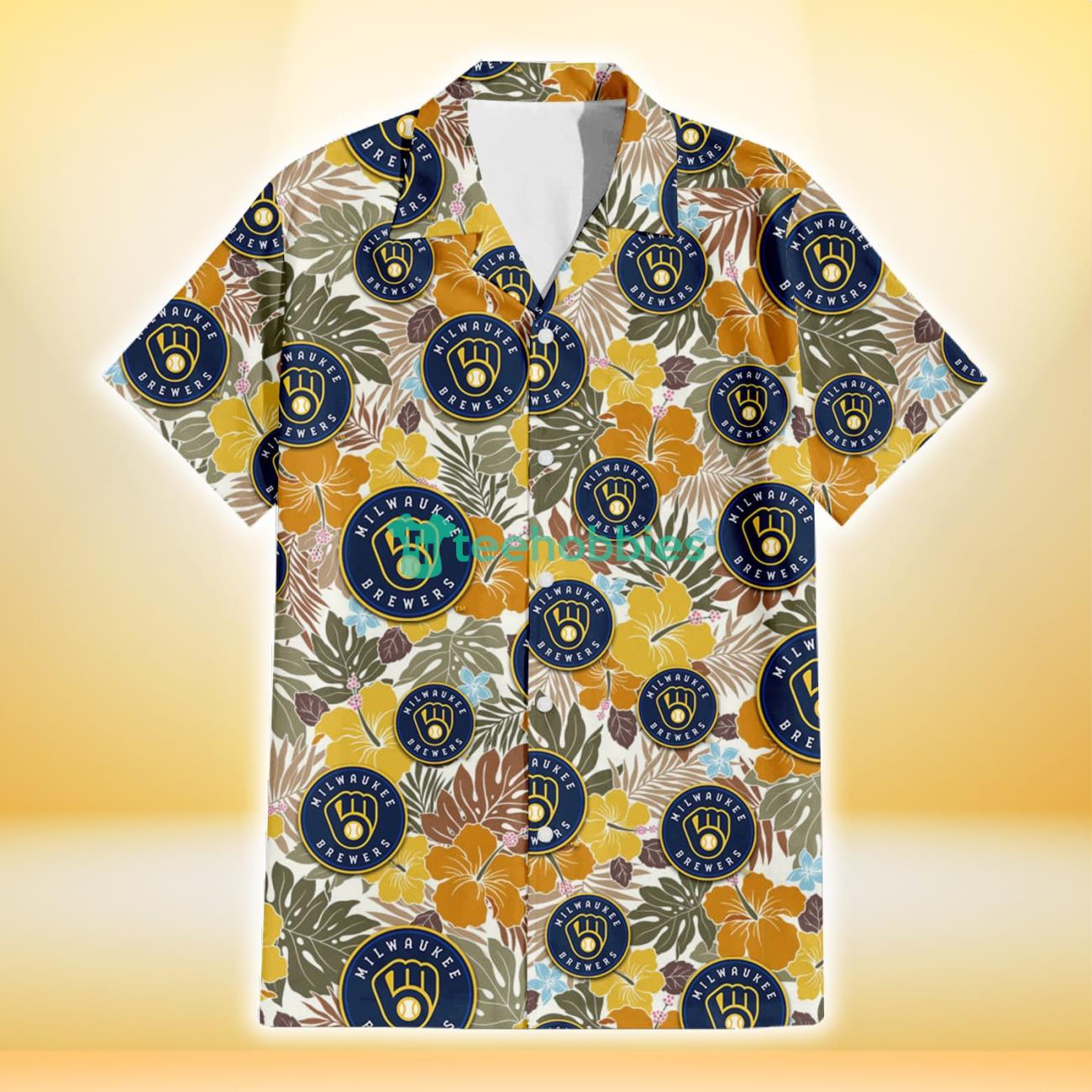 Milwaukee Brewers Brown Yellow Hibiscus White Background 3D Hawaiian Shirt Gift For Fans Product Photo 2