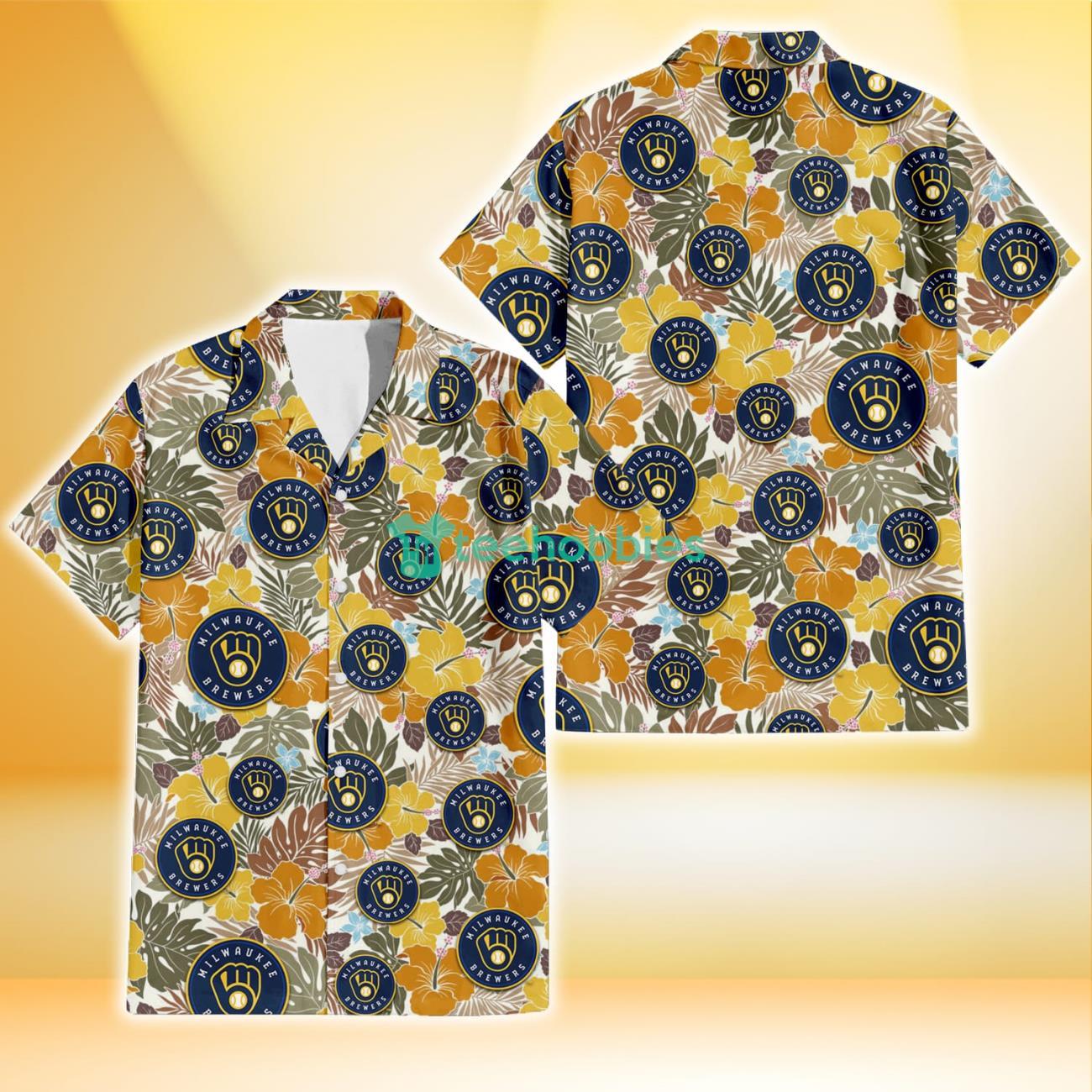 Milwaukee Brewers Brown Yellow Hibiscus White Background 3D Hawaiian Shirt Gift For Fans Product Photo 1