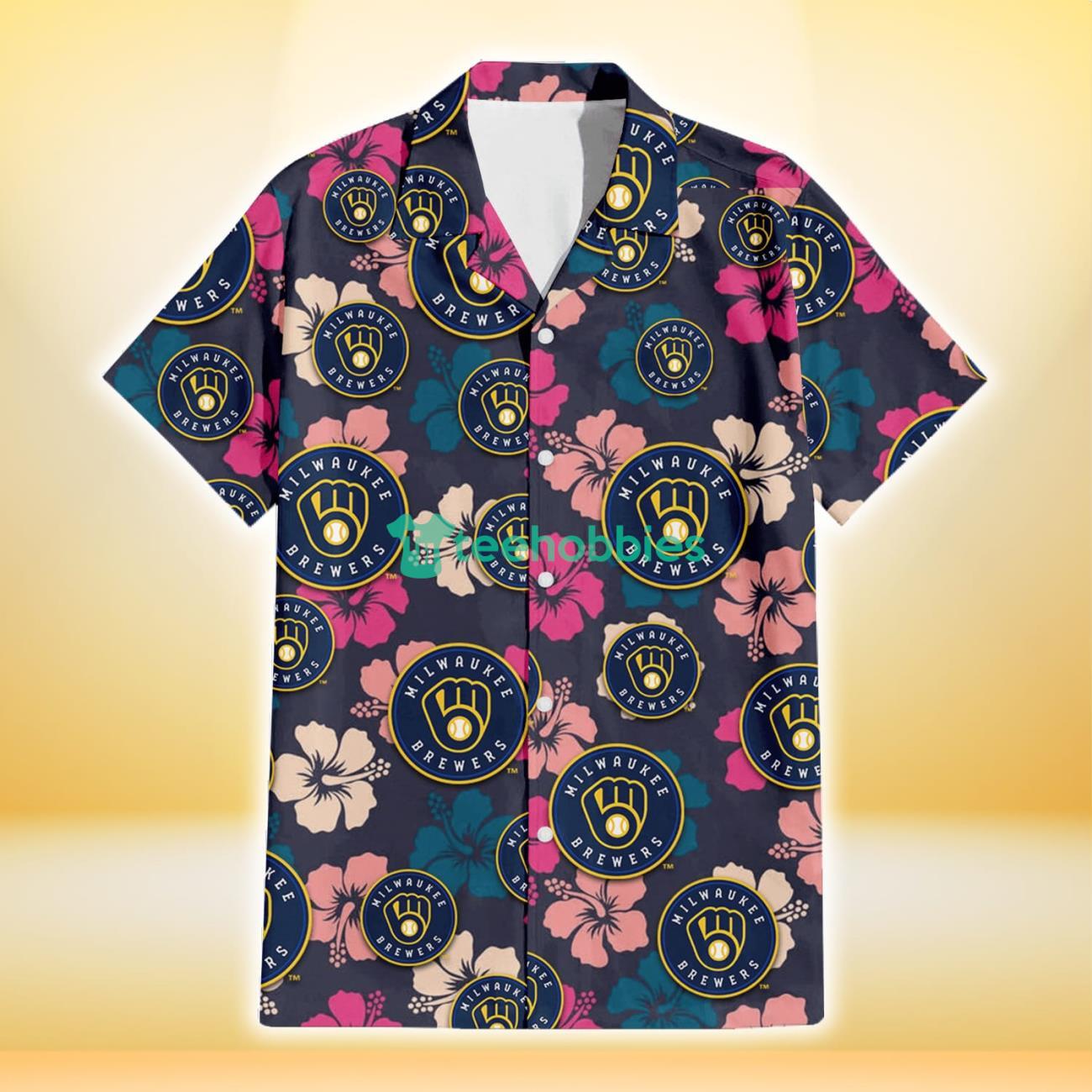 Milwaukee Brewers Colorful Hibiscus Black Background 3D Hawaiian Shirt Gift For Fans Product Photo 2