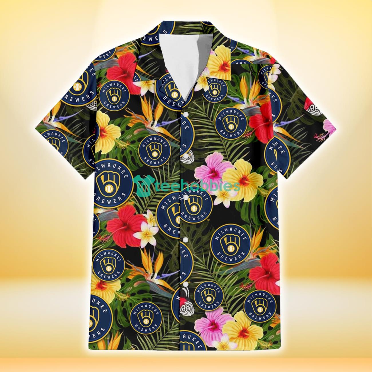 Milwaukee Brewers Colorful Hibiscus Green Leaf Back Background 3D Hawaiian Shirt Gift For Fans Product Photo 2