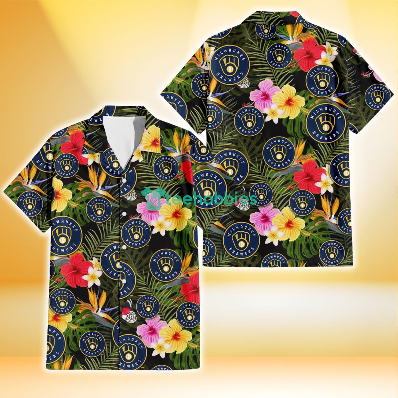 Milwaukee Brewers Colorful Hibiscus Green Leaf Back Background 3D Hawaiian Shirt Gift For Fans Product Photo 1