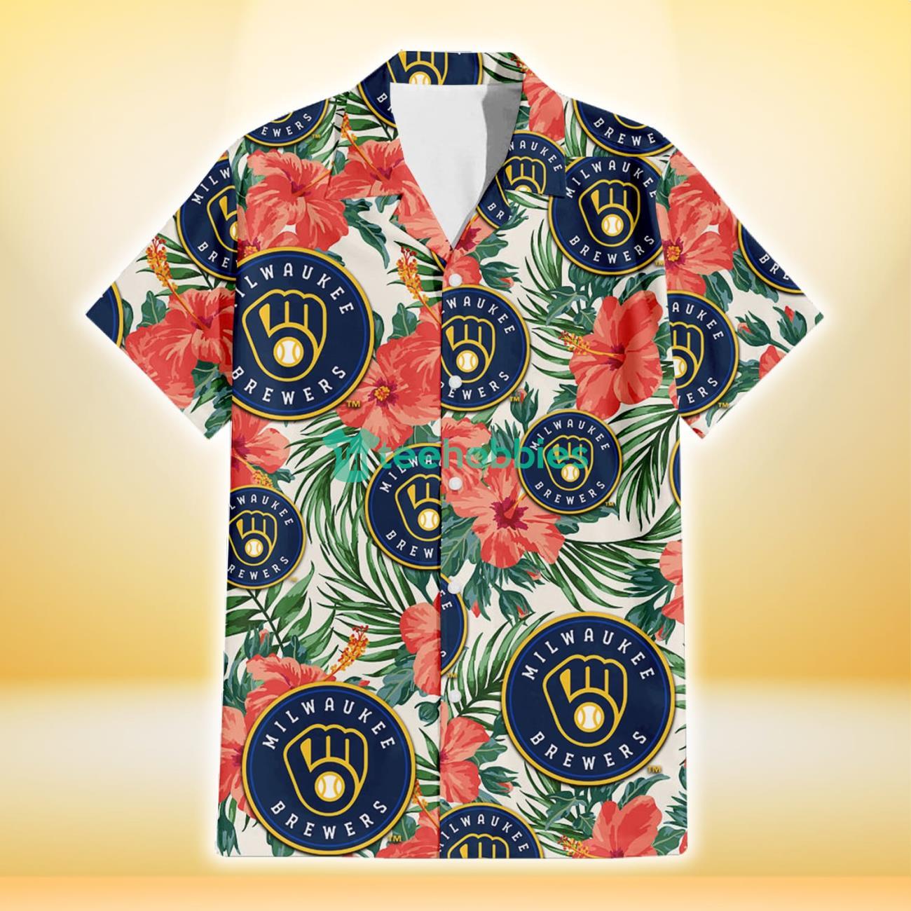 Milwaukee Brewers Coral Hibiscus Green Leaf Beige Background 3D Hawaiian Shirt Gift For Fans Product Photo 2