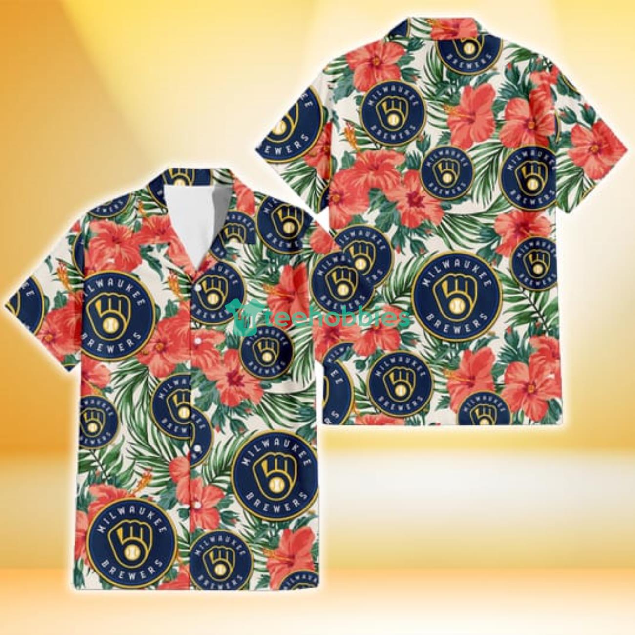Milwaukee Brewers Coral Hibiscus Green Leaf Beige Background 3D Hawaiian Shirt Gift For Fans Product Photo 1