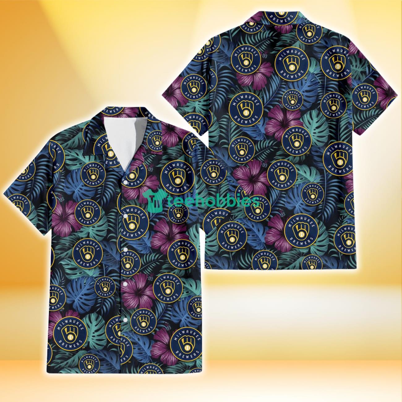 Milwaukee Brewers Dark Magenta Green Leaf Black Background 3D Hawaiian Shirt Gift For Fans Product Photo 1