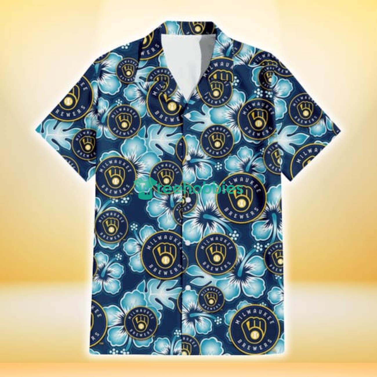Milwaukee Brewers Dark Turquoise Hibiscus Navy Background 3D Hawaiian Shirt Gift For Fans Product Photo 2