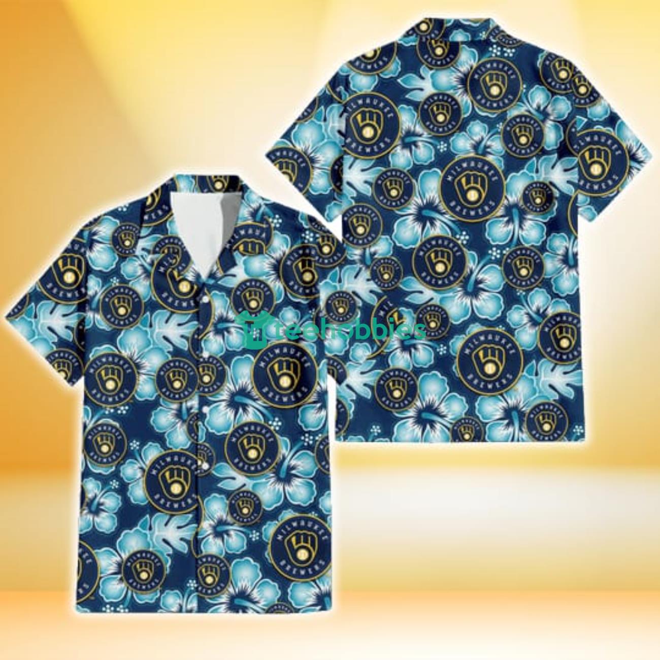 Milwaukee Brewers Dark Turquoise Hibiscus Navy Background 3D Hawaiian Shirt Gift For Fans Product Photo 1