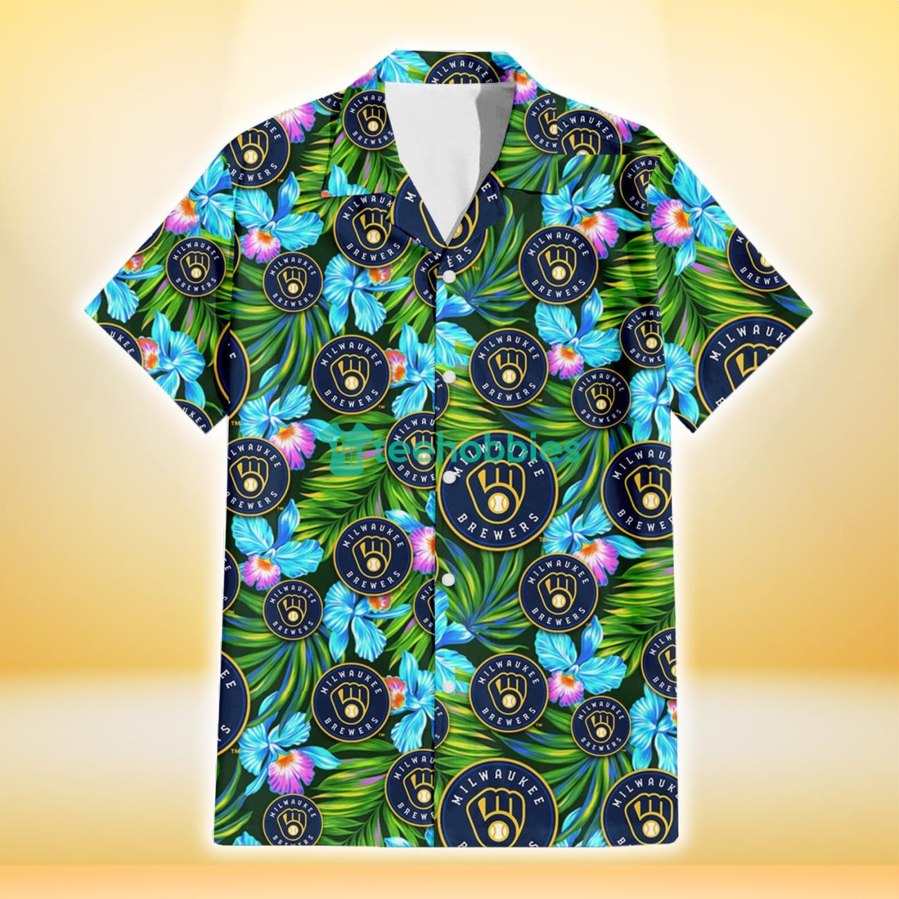 Milwaukee Brewers Electro Color Hibiscus Black Background 3D Hawaiian Shirt Gift For Fans Product Photo 2