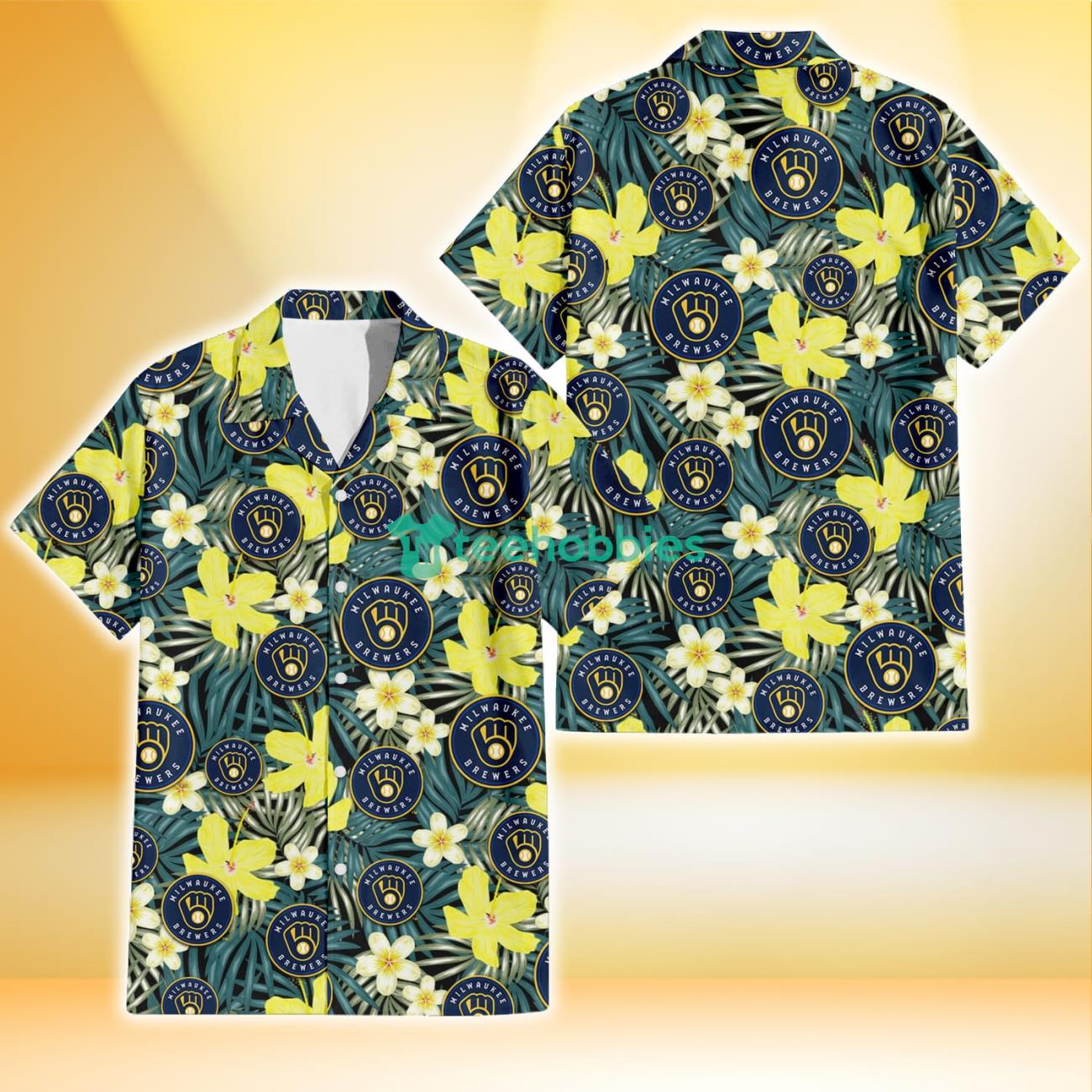 Milwaukee Brewers Hibiscus Green Palm Leaf Black Background 3D Hawaiian Shirt Gift For Fans Product Photo 1