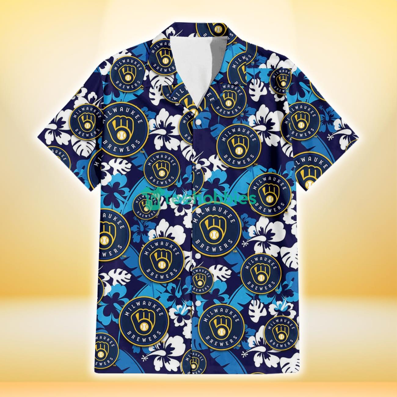 Milwaukee Brewers Light Blue Hibiscus Banana Leaf Navy Background 3D Hawaiian Shirt Gift For Fans Product Photo 2