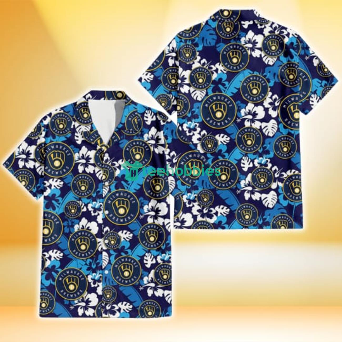 Milwaukee Brewers Light Blue Hibiscus Banana Leaf Navy Background 3D Hawaiian Shirt Gift For Fans Product Photo 1