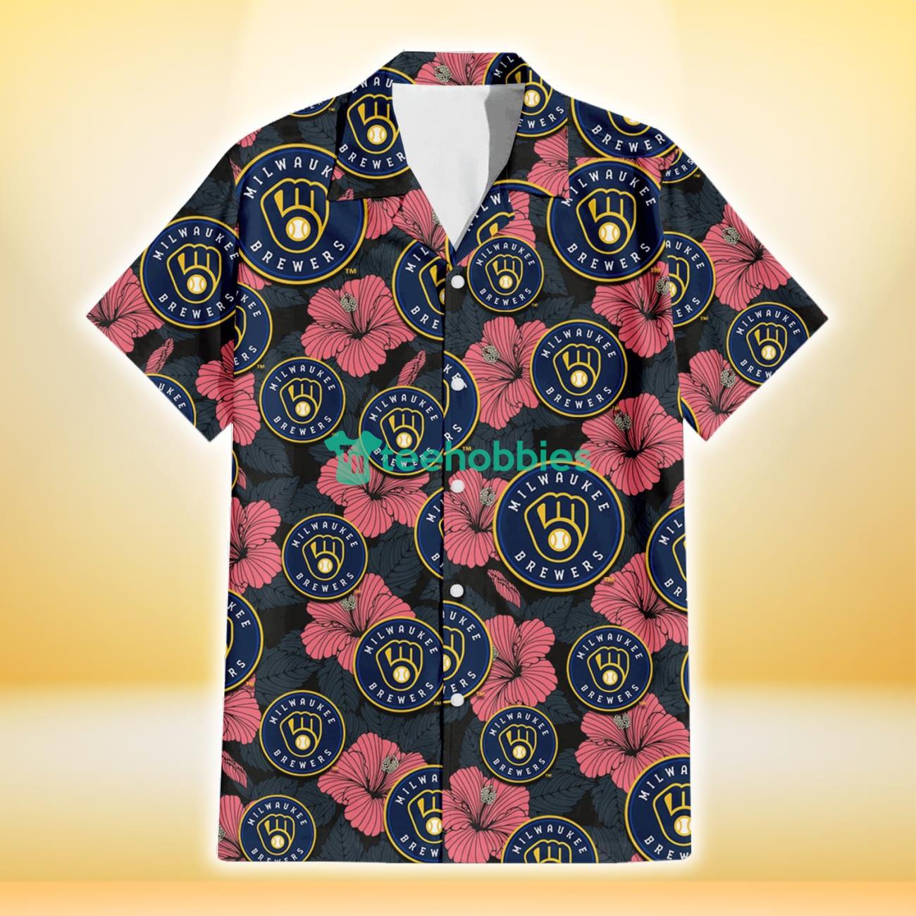 Milwaukee Brewers Light Coral Hibiscus Gray Leaf Black Background 3D Hawaiian Shirt Gift For Fans Product Photo 2