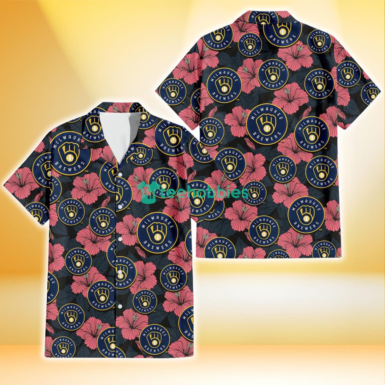 Milwaukee Brewers Light Coral Hibiscus Gray Leaf Black Background 3D Hawaiian Shirt Gift For Fans Product Photo 1