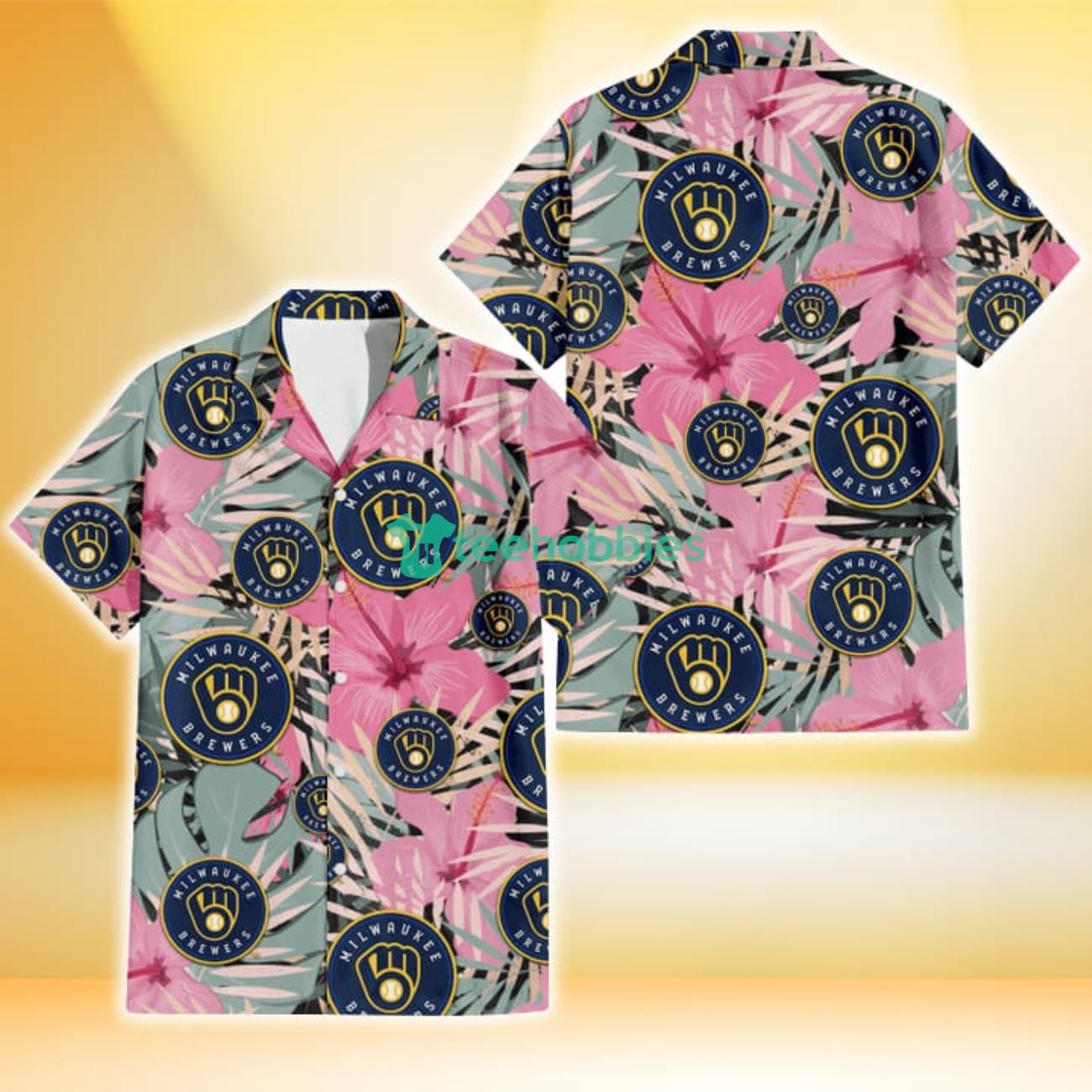 Milwaukee Brewers Light Pink Hibiscus Pale Green Leaf Black Background 3D Hawaiian Shirt Gift For Fans Product Photo 1