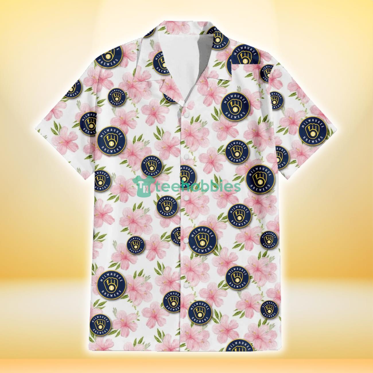 Milwaukee Brewers Light Pink Hibiscus White Background 3D Hawaiian Shirt Gift For Fans Product Photo 2