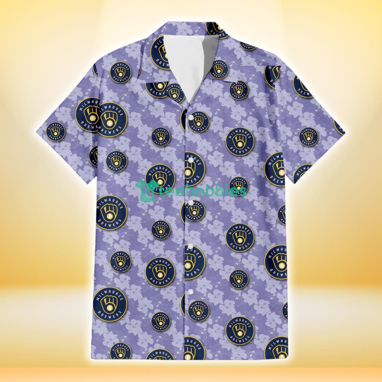 Milwaukee Brewers Light Purple Hibiscus Pattern Stripe Powder Purple 3D Hawaiian Shirt Gift For Fans Product Photo 2