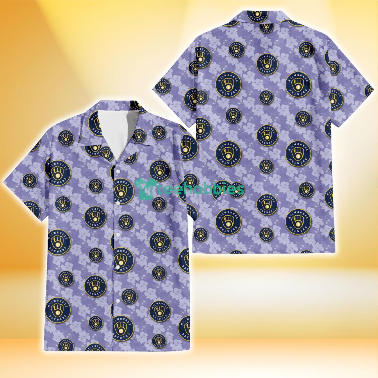 Milwaukee Brewers Light Purple Hibiscus Pattern Stripe Powder Purple 3D Hawaiian Shirt Gift For Fans Product Photo 1