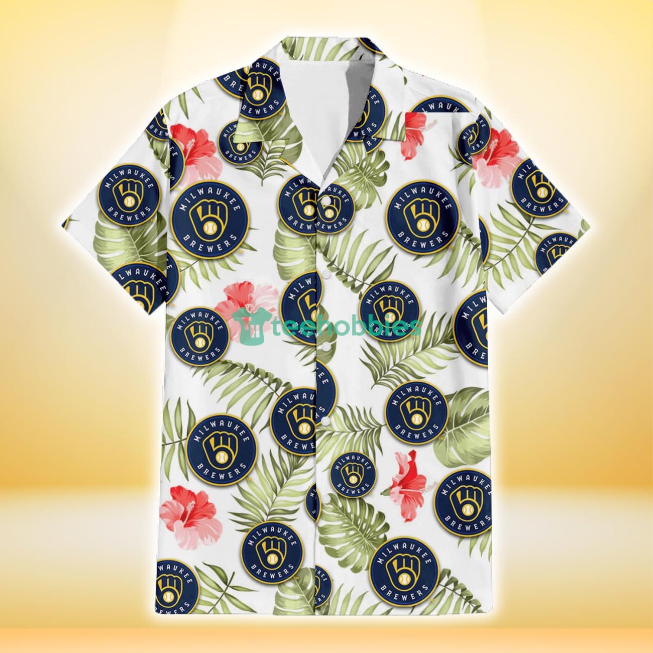 Milwaukee Brewers Light Salmon Hibiscus Green Leaf White Background 3D Hawaiian Shirt Gift For Fans Product Photo 2