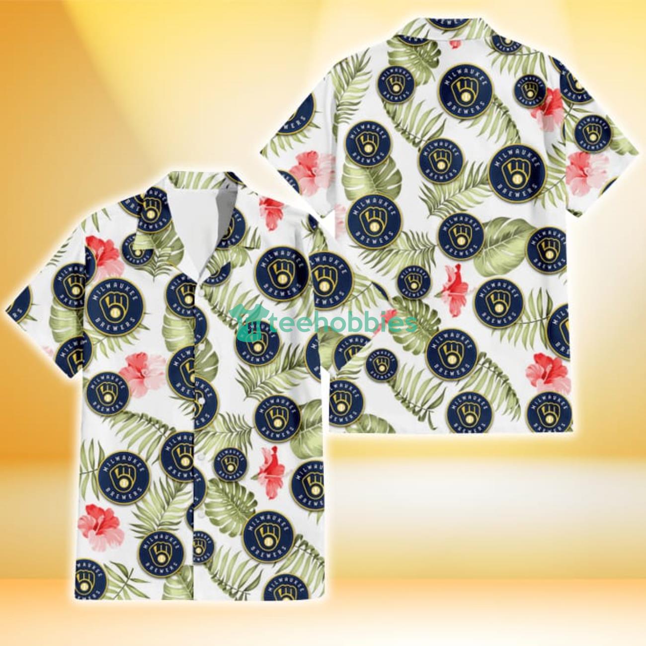 Milwaukee Brewers Light Salmon Hibiscus Green Leaf White Background 3D Hawaiian Shirt Gift For Fans Product Photo 1