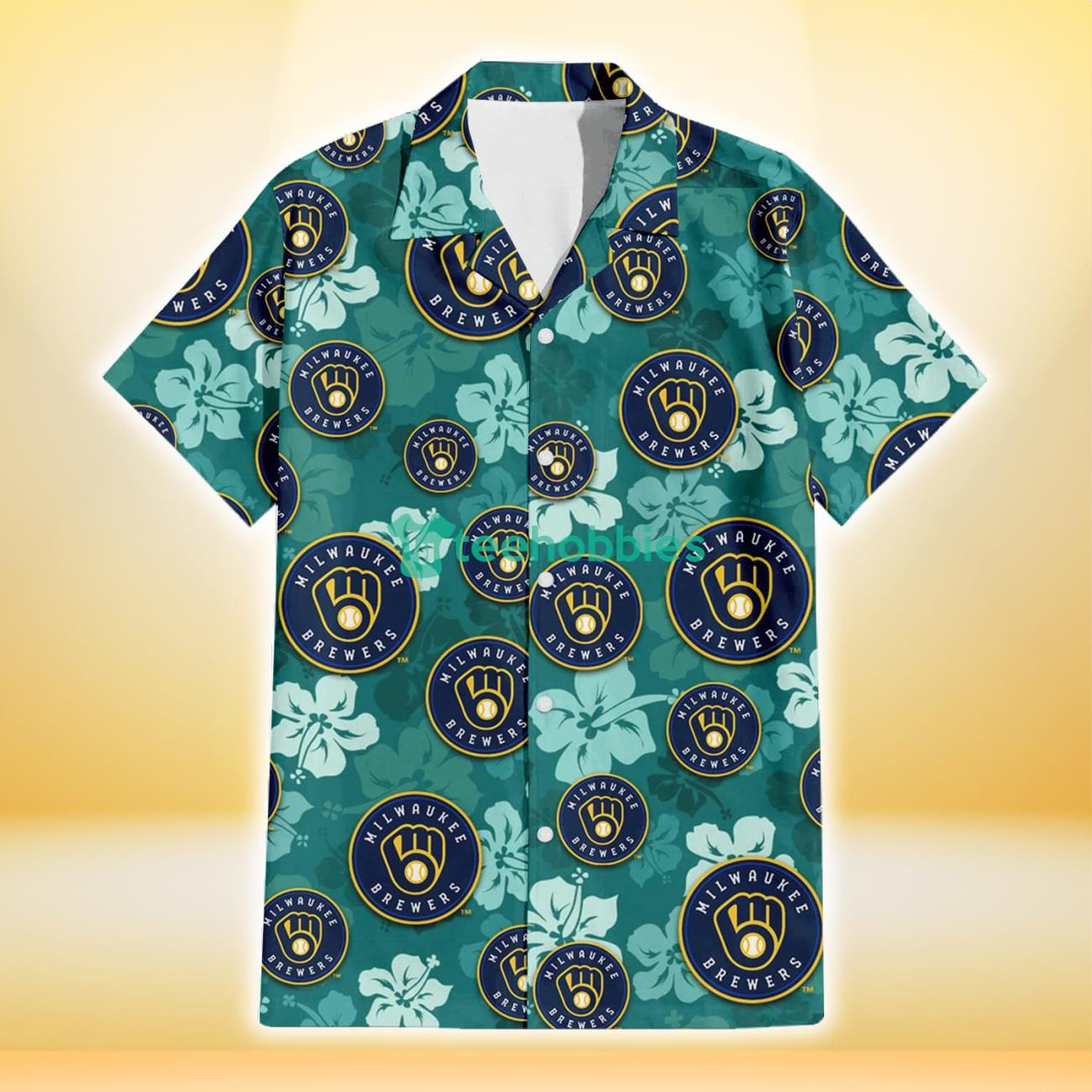 Milwaukee Brewers Light Sea Green Hibiscus Green Background 3D Hawaiian Shirt Gift For Fans Product Photo 2