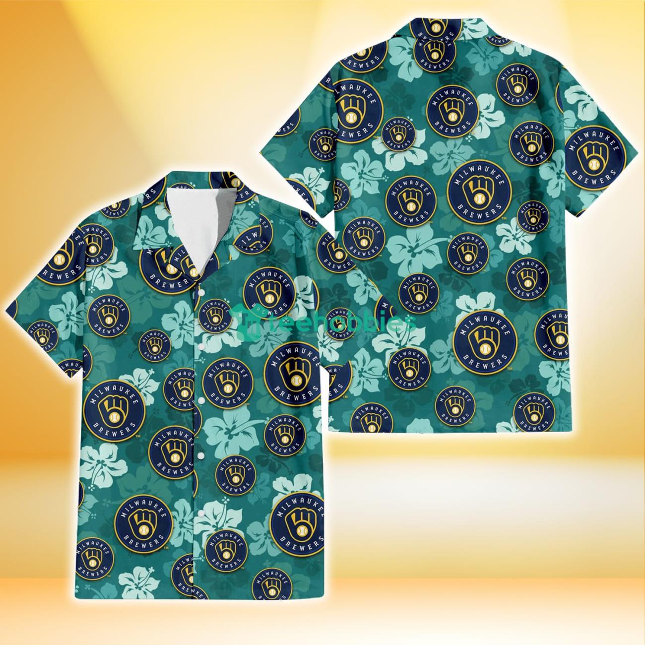 Milwaukee Brewers Light Sea Green Hibiscus Green Background 3D Hawaiian Shirt Gift For Fans Product Photo 1