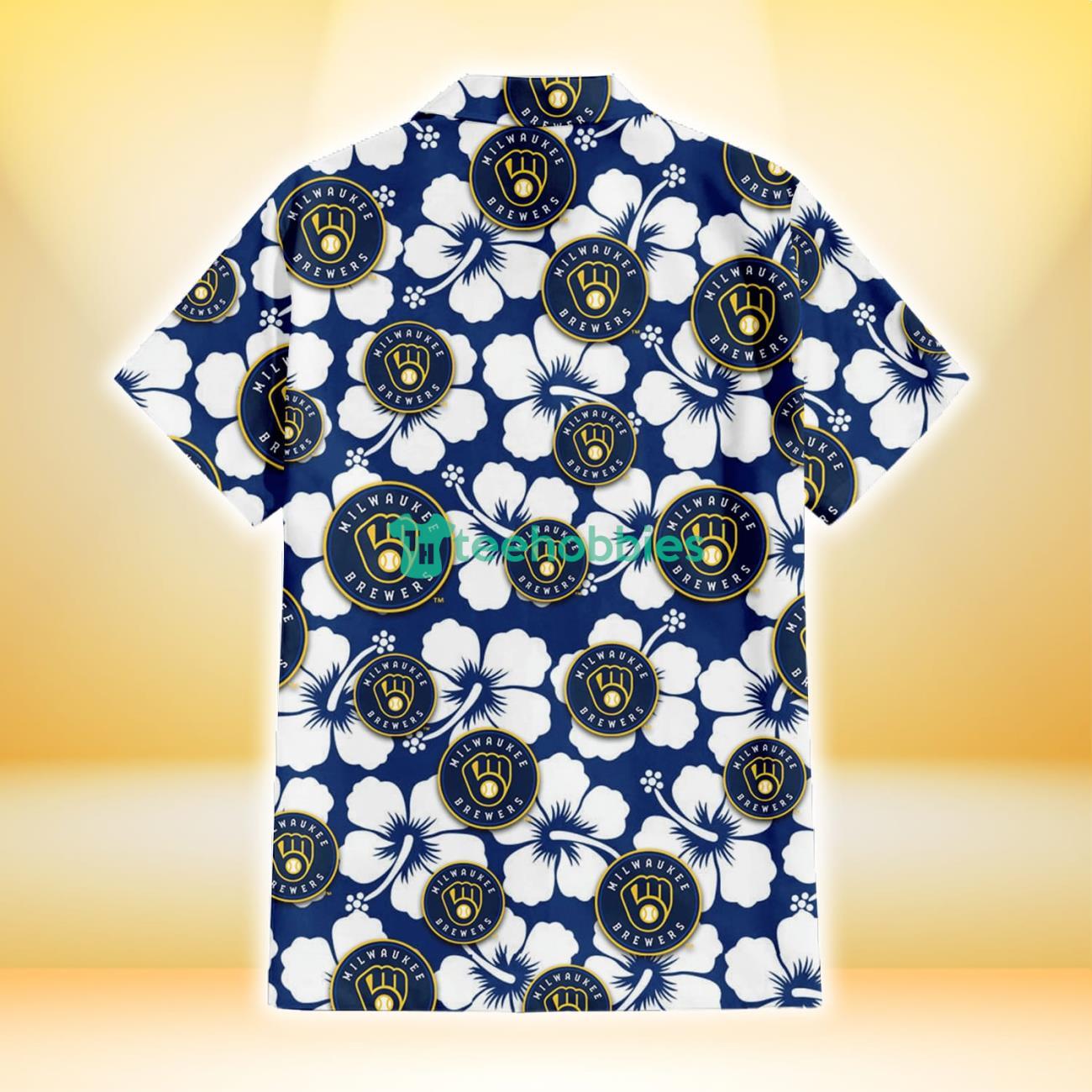 Milwaukee Brewers Modern White Hibiscus Navy Background 3D Hawaiian Shirt  Gift For Fans