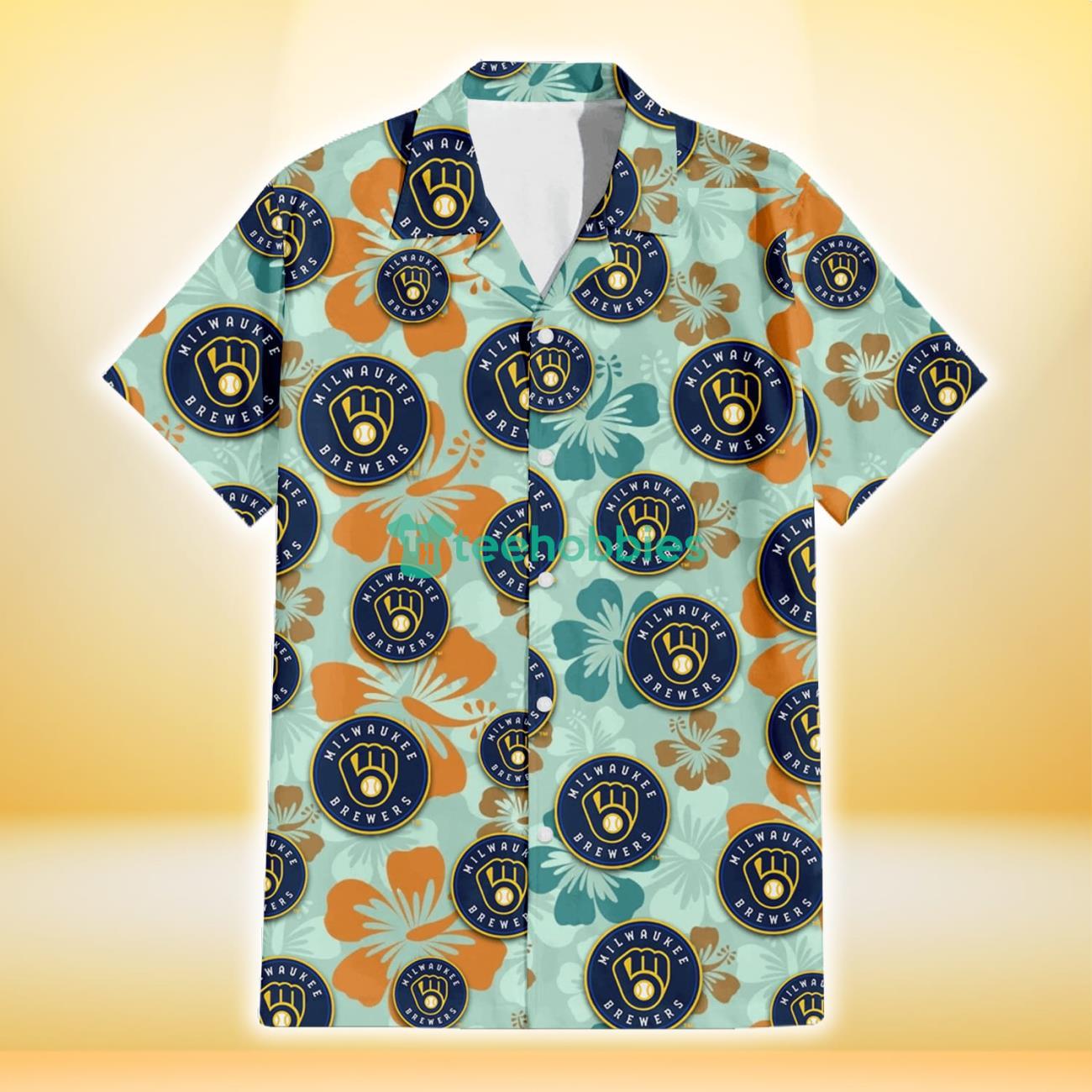 Milwaukee Brewers Orange Green Hibiscus Pale Green Background 3D Hawaiian Shirt Gift For Fans Product Photo 2