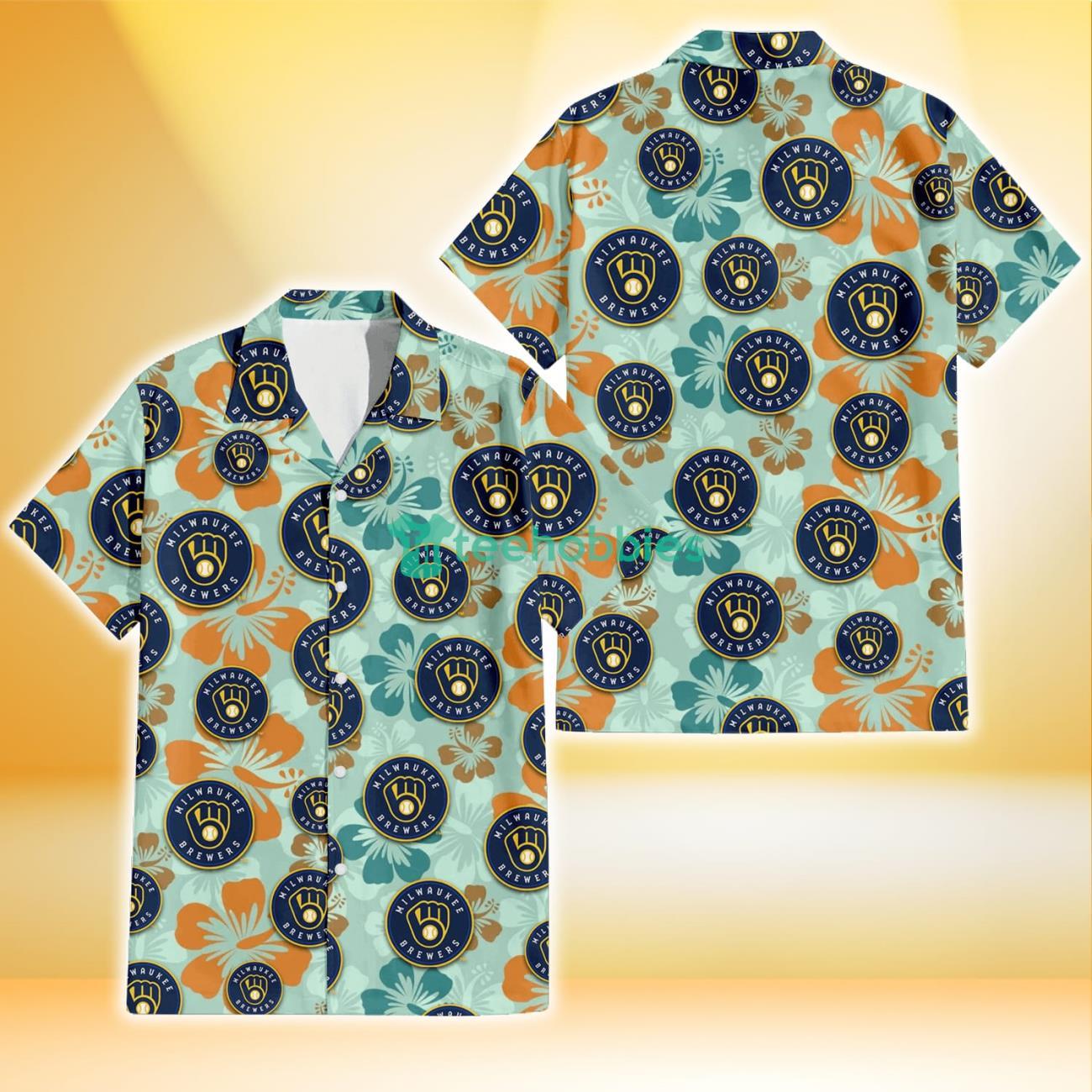 Milwaukee Brewers Orange Green Hibiscus Pale Green Background 3D Hawaiian Shirt Gift For Fans Product Photo 1