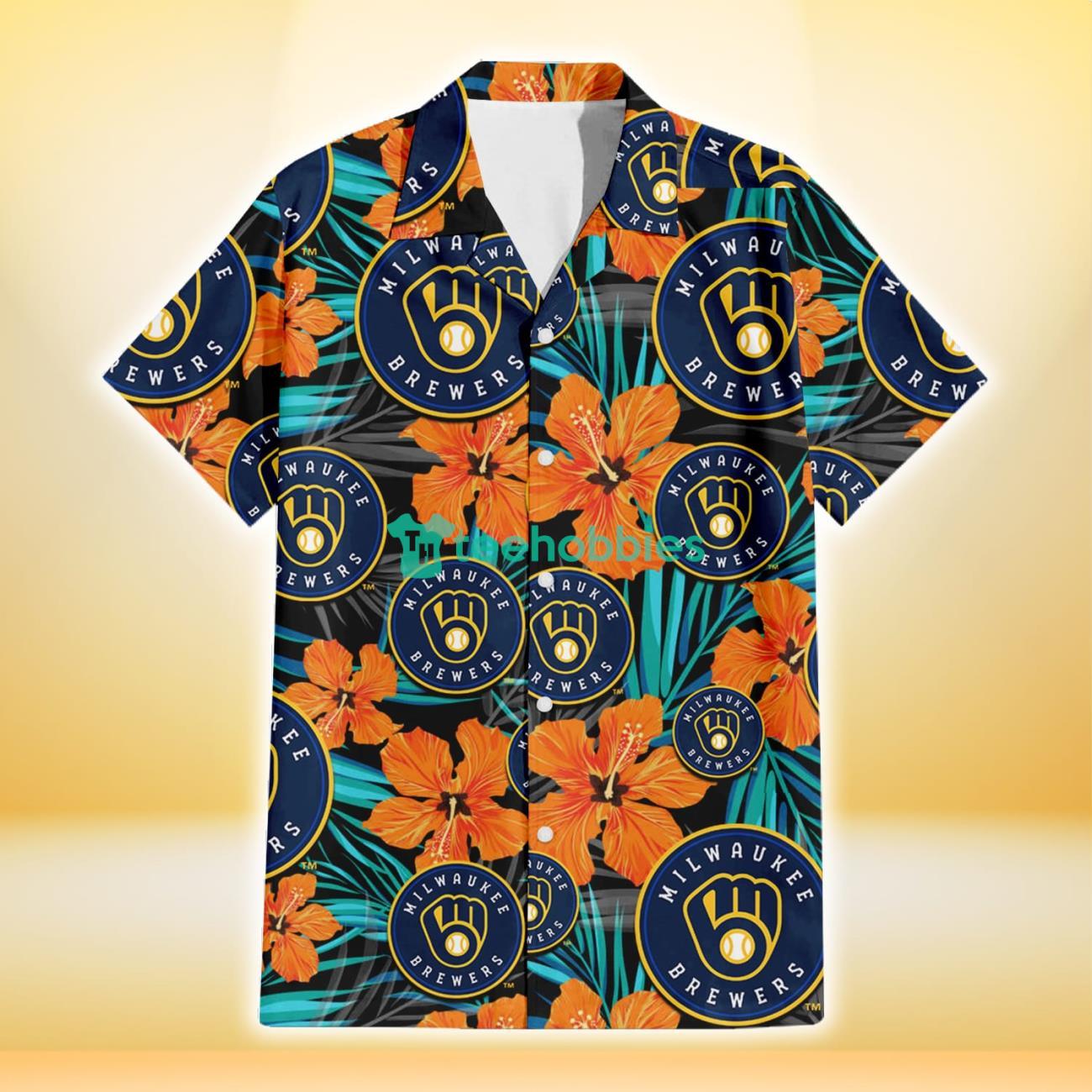 Milwaukee Brewers Orange Hibiscus Blue Gray Leaf Black Background 3D Hawaiian Shirt Gift For Fans Product Photo 2