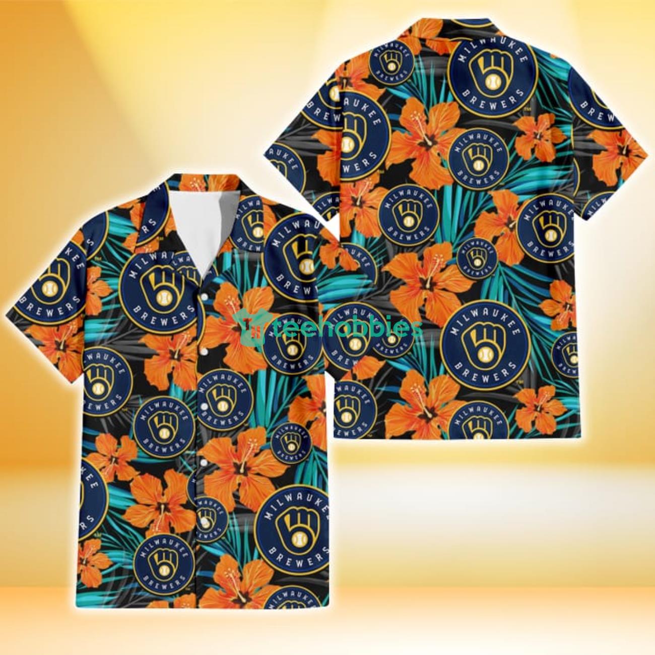 Milwaukee Brewers Orange Hibiscus Blue Gray Leaf Black Background 3D Hawaiian Shirt Gift For Fans Product Photo 1
