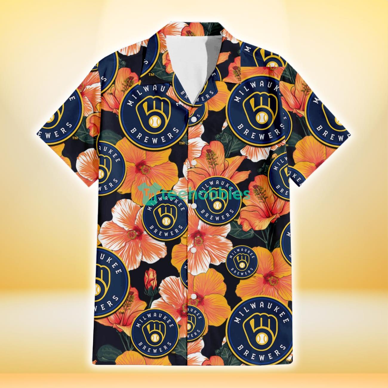 Milwaukee Brewers Orange Hibiscus Dark Green Leaf Black Background 3D Hawaiian Shirt Gift For Fans Product Photo 2