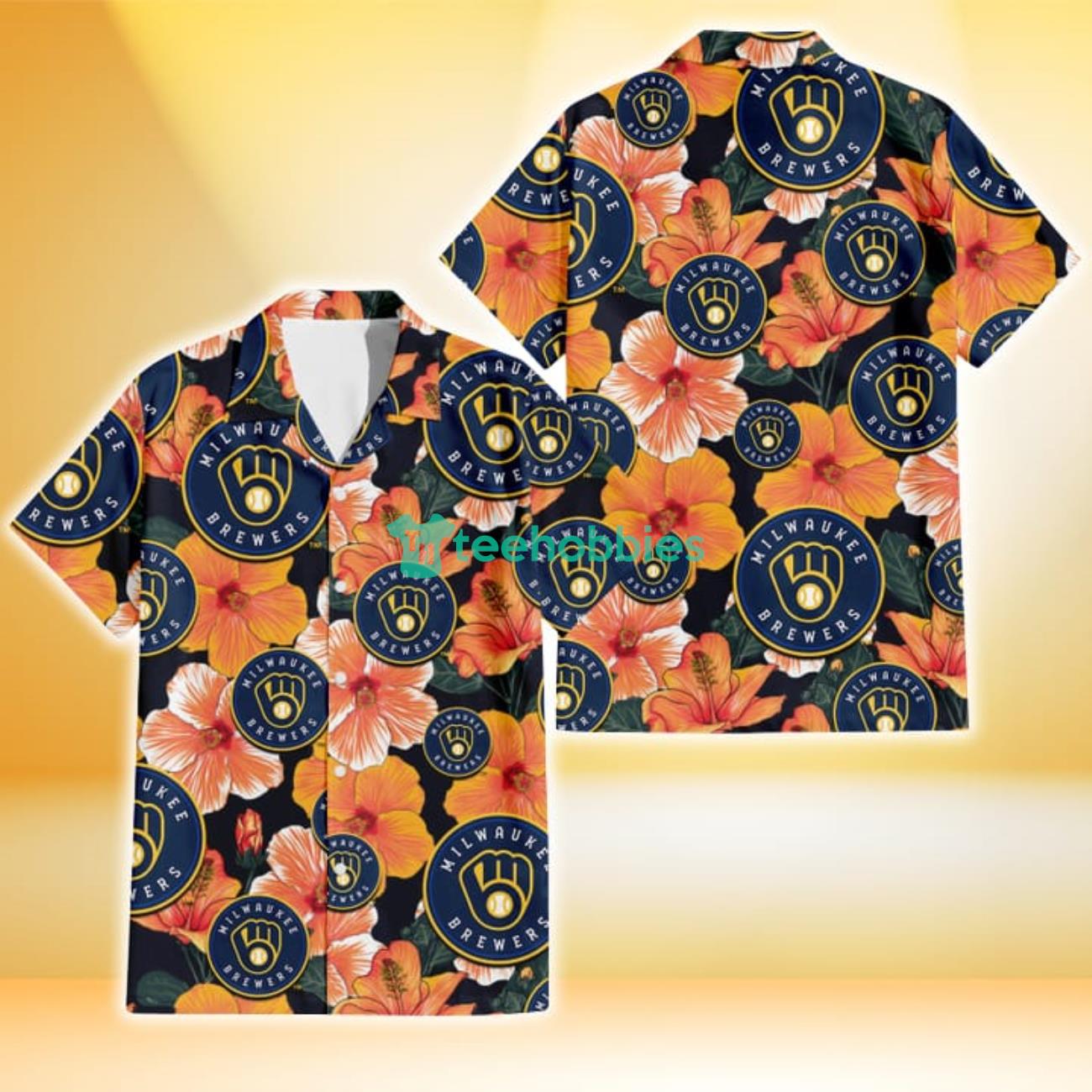 Milwaukee Brewers Orange Hibiscus Dark Green Leaf Black Background 3D Hawaiian Shirt Gift For Fans Product Photo 1